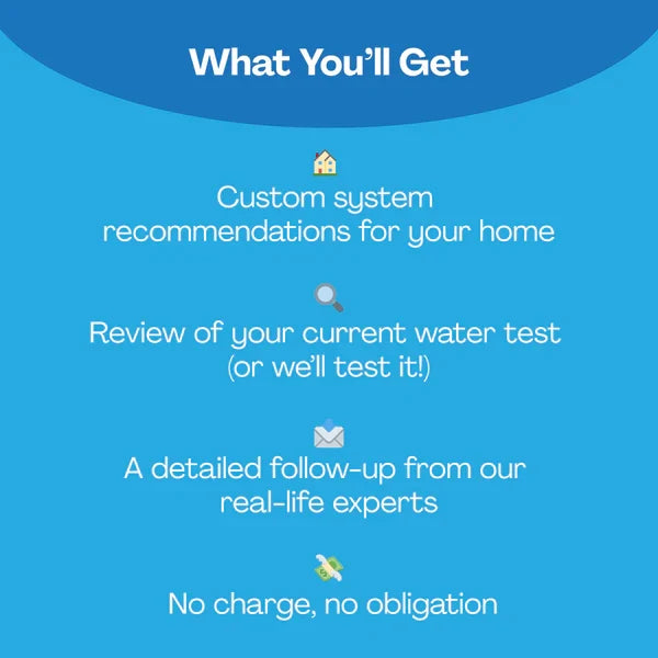 Blue background with text detailing services offered, including custom system recommendations, water test review, and expert follow-up.